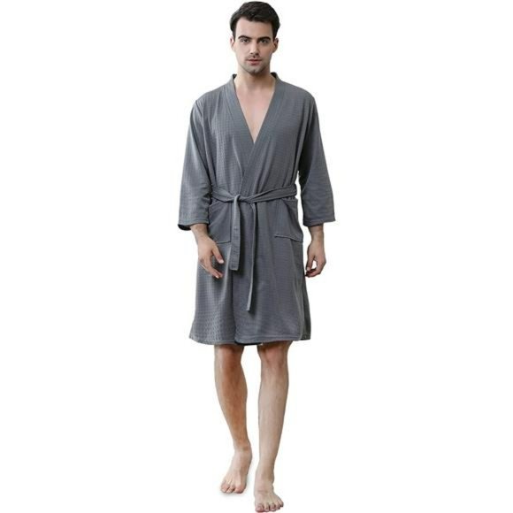 Mens Waffle Robe Lightweight Knee Length Kimono Bathrobe Nightgown Shower Robe